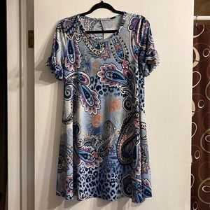 Boutique Shift Dress Blue Flower Paisley Print